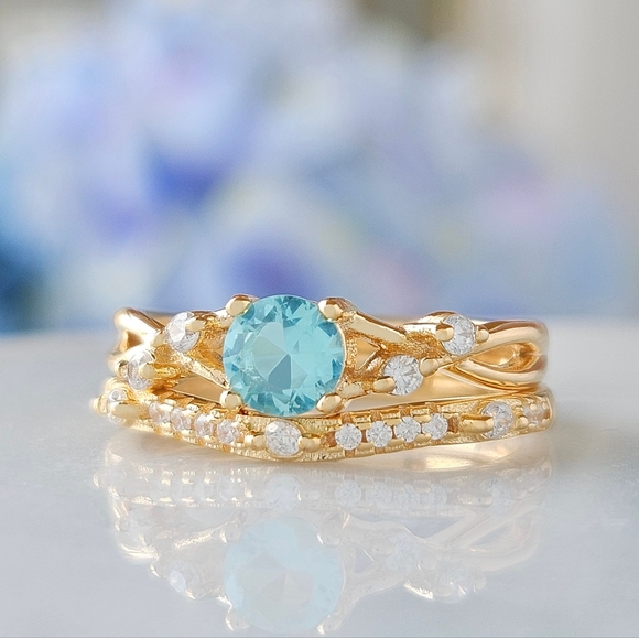 Gold and Aquamarine  Blue and Teal Gemstone Ring Set, 925 Sterling Silver - Picture 2 of 5